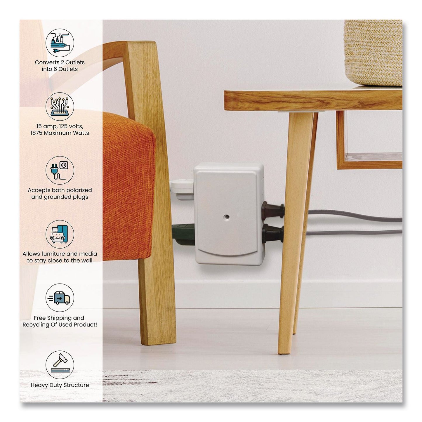 GoGreen Power 6 Outlet Side Mount Wall Tap, White (GGPGG16000TSM)