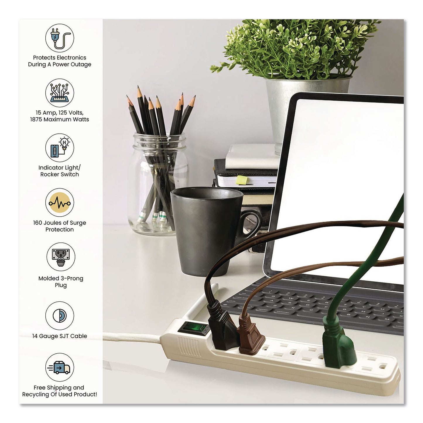 GoGreen Power 6 Outlet Mini Surge Protector, 2 ft Cord, 160 J, White (GGPGG16103MIN)