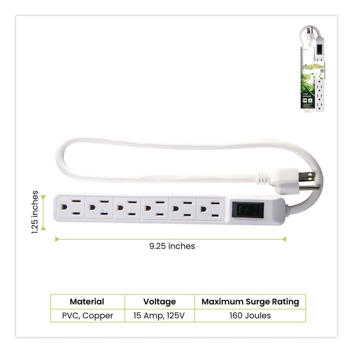 GoGreen Power 6 Outlet Mini Surge Protector, 2 ft Cord, 160 J, White (GGPGG16103MIN)