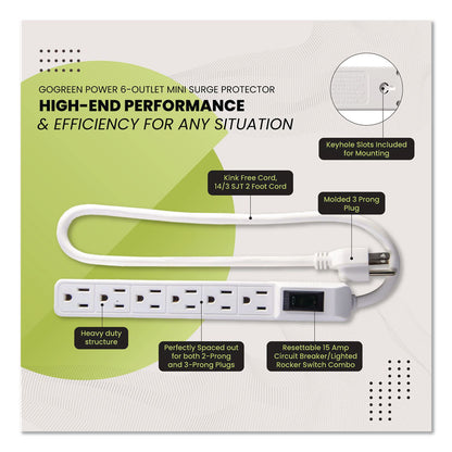 GoGreen Power 6 Outlet Mini Surge Protector, 2 ft Cord, 160 J, White (GGPGG16103MIN)
