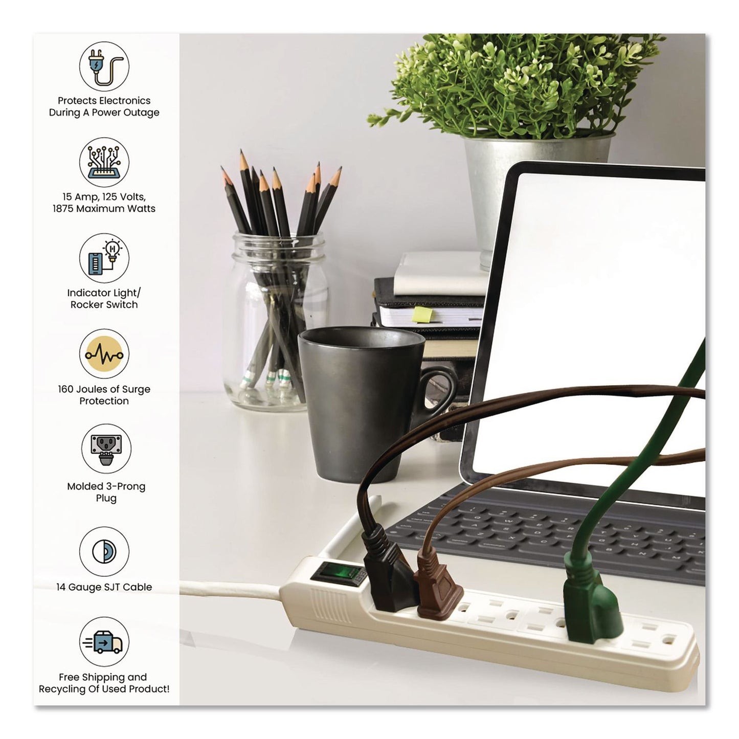 GoGreen Power 6 Outlet Mini Surge Protector, 2 ft Cord, 160 J, Black (GGPGG16103MINBK)