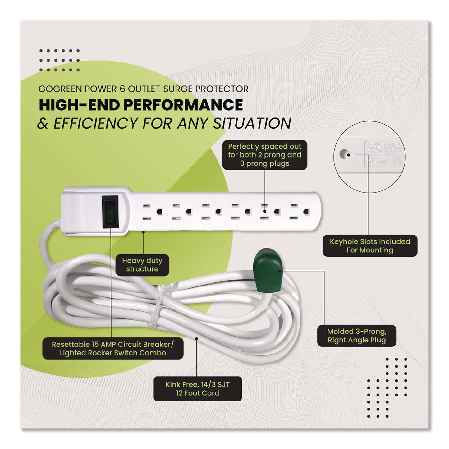 GoGreen Power 6 Outlet Surge Protector, 12 ft Cord, 250 J, White (GGPGG16103M12)
