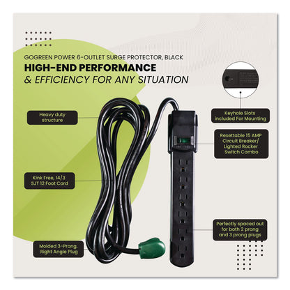 GoGreen Power 6 Outlet Surge Protector, 12 ft Cord, 250 J, Black (GGPGG16103M12BK)