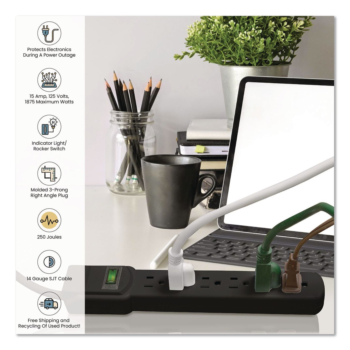 GoGreen Power 6 Outlet Surge Protector, 12 ft Cord, 250 J, Black (GGPGG16103M12BK)