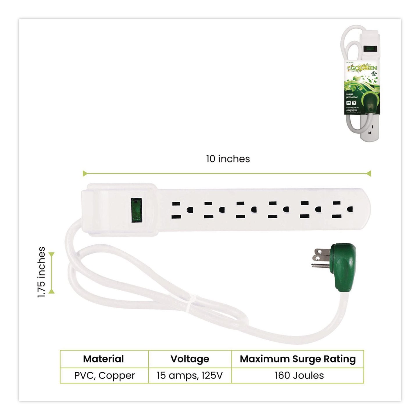 GoGreen Power 6 Outlet Surge Protector, 2.5 ft Cord, 160 J, White (GGPGG16103MS)