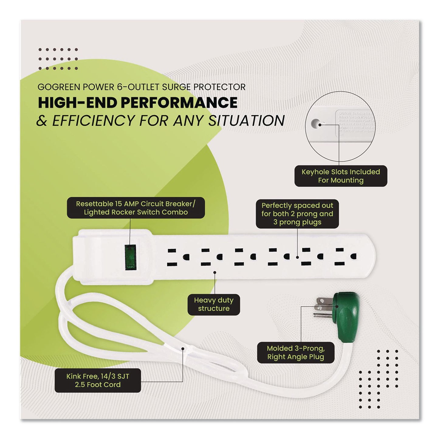 GoGreen Power 6 Outlet Surge Protector, 2.5 ft Cord, 160 J, White (GGPGG16103MS)