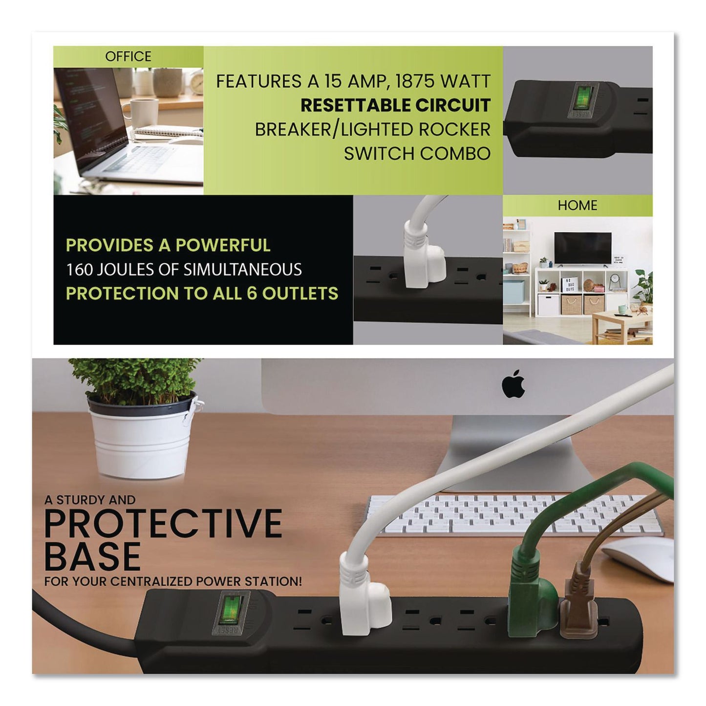 GoGreen Power 6 Outlet Surge Protector, 2.5 ft Cord, 160 J, Black (GGPGG16103MSBK)