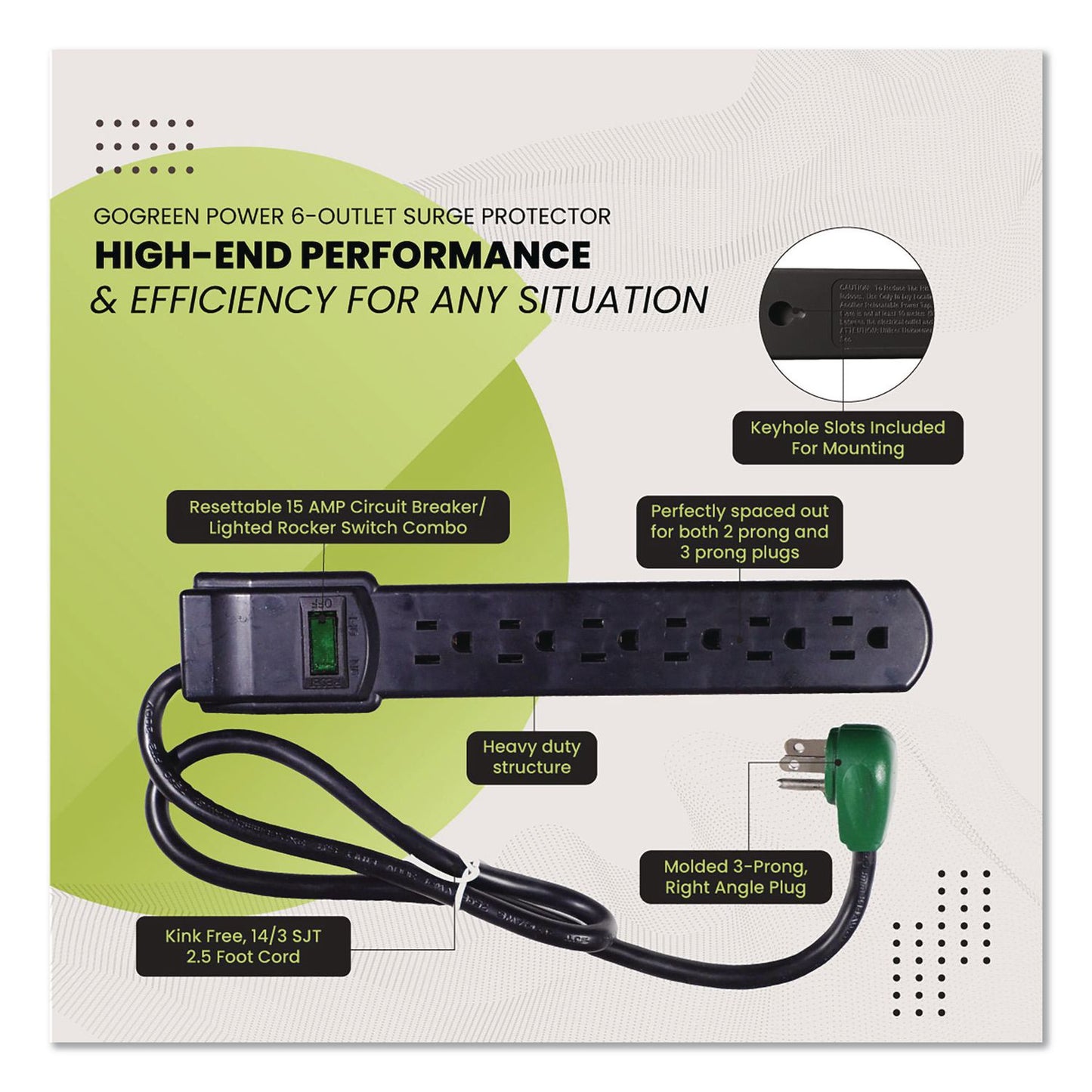 GoGreen Power 6 Outlet Surge Protector, 2.5 ft Cord, 160 J, Black (GGPGG16103MSBK)