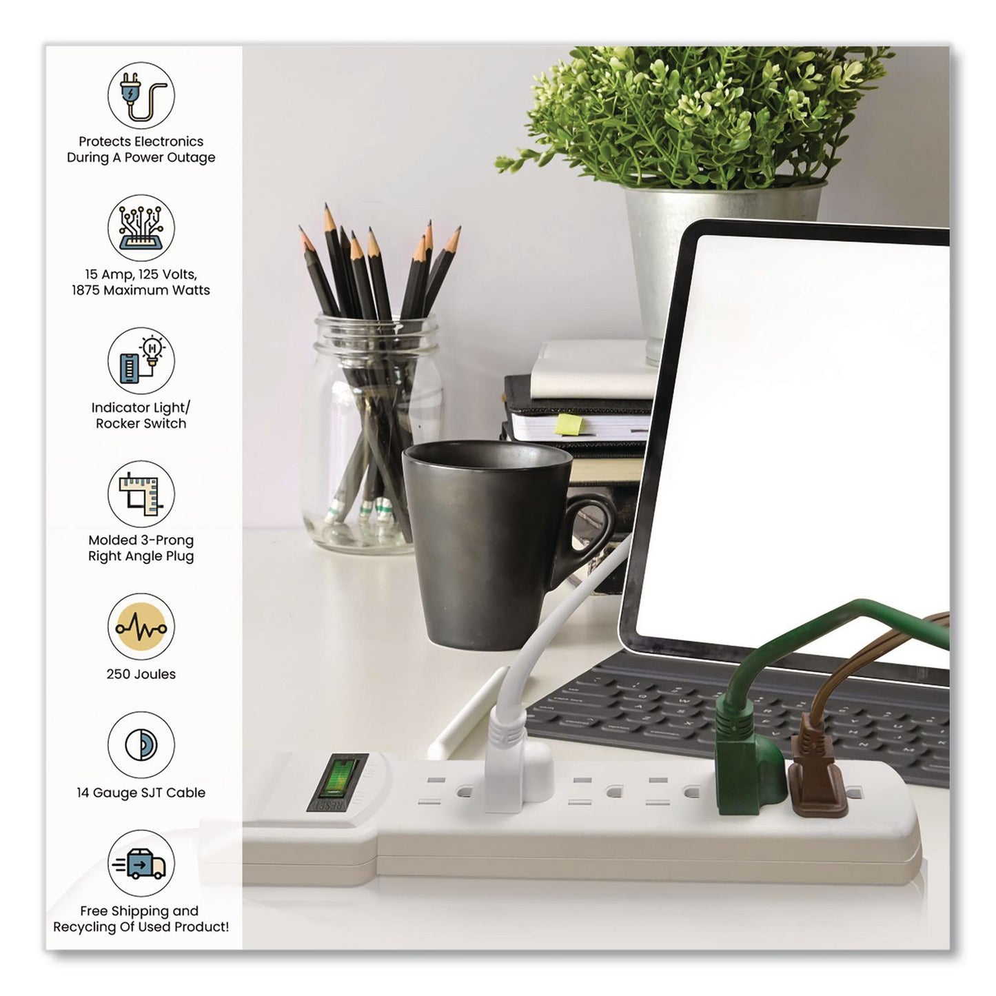 GoGreen Power 6 Outlet Surge Protector, 6 ft Cord, 250 J, White (GGPGG16106MS)