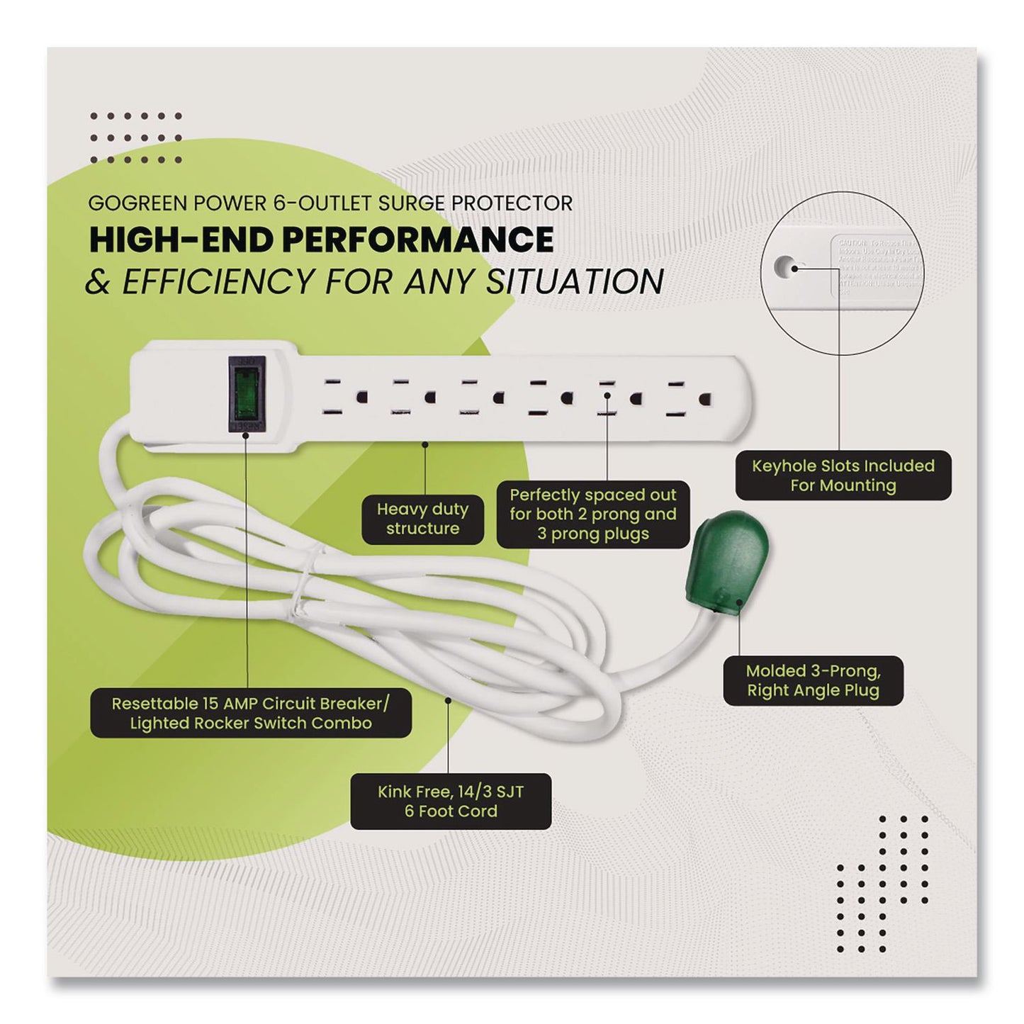 GoGreen Power 6 Outlet Surge Protector, 6 ft Cord, 250 J, White (GGPGG16106MS)