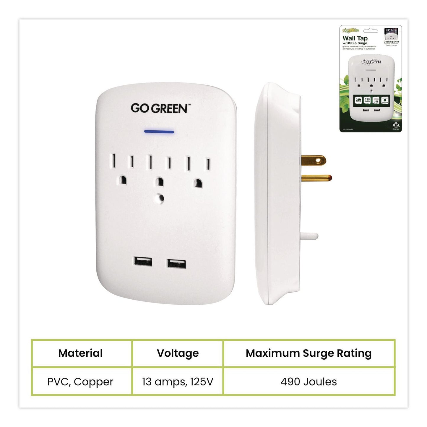 GoGreen Power 3 Outlet 2 USB Wall Tap, 735 J, White (GGPGG13000USB2)