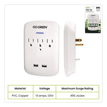 GoGreen Power 3 Outlet 2 USB Wall Tap, 735 J, White (GGPGG13000USB2)