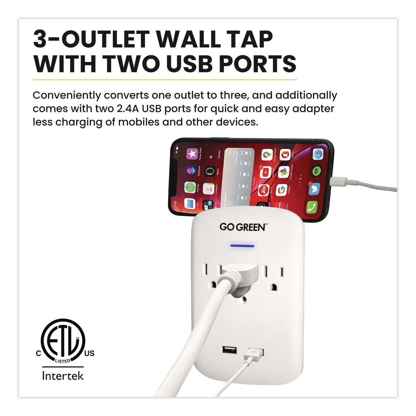 GoGreen Power 3 Outlet 2 USB Wall Tap, 735 J, White (GGPGG13000USB2)