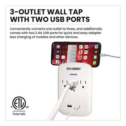 GoGreen Power 3 Outlet 2 USB Wall Tap, 735 J, White (GGPGG13000USB2)