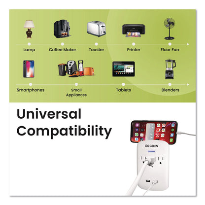 GoGreen Power 3 Outlet 2 USB Wall Tap, 735 J, White (GGPGG13000USB2)