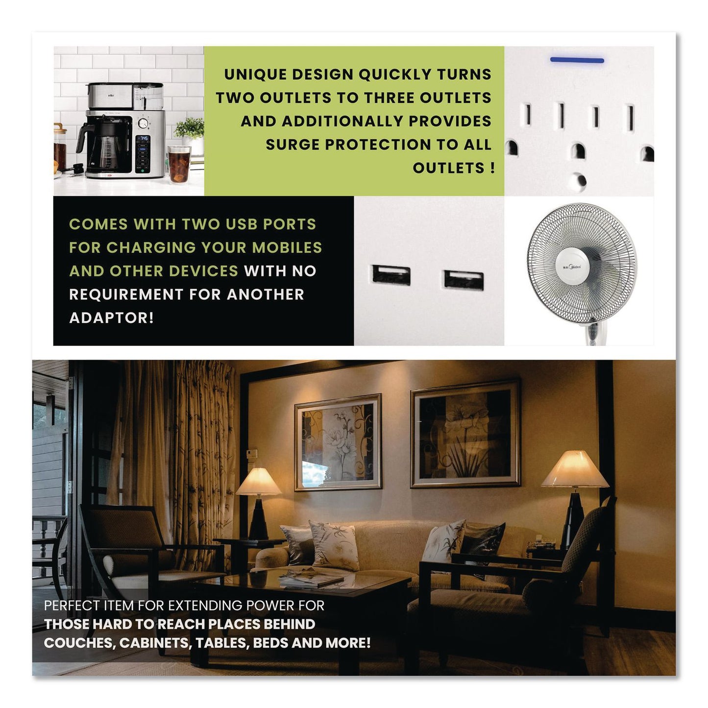 GoGreen Power 3 Outlet 2 USB Wall Tap, 735 J, White (GGPGG13000USB2)