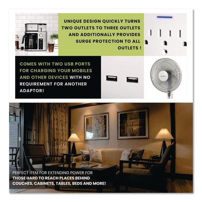 GoGreen Power 3 Outlet 2 USB Wall Tap, 735 J, White (GGPGG13000USB2)