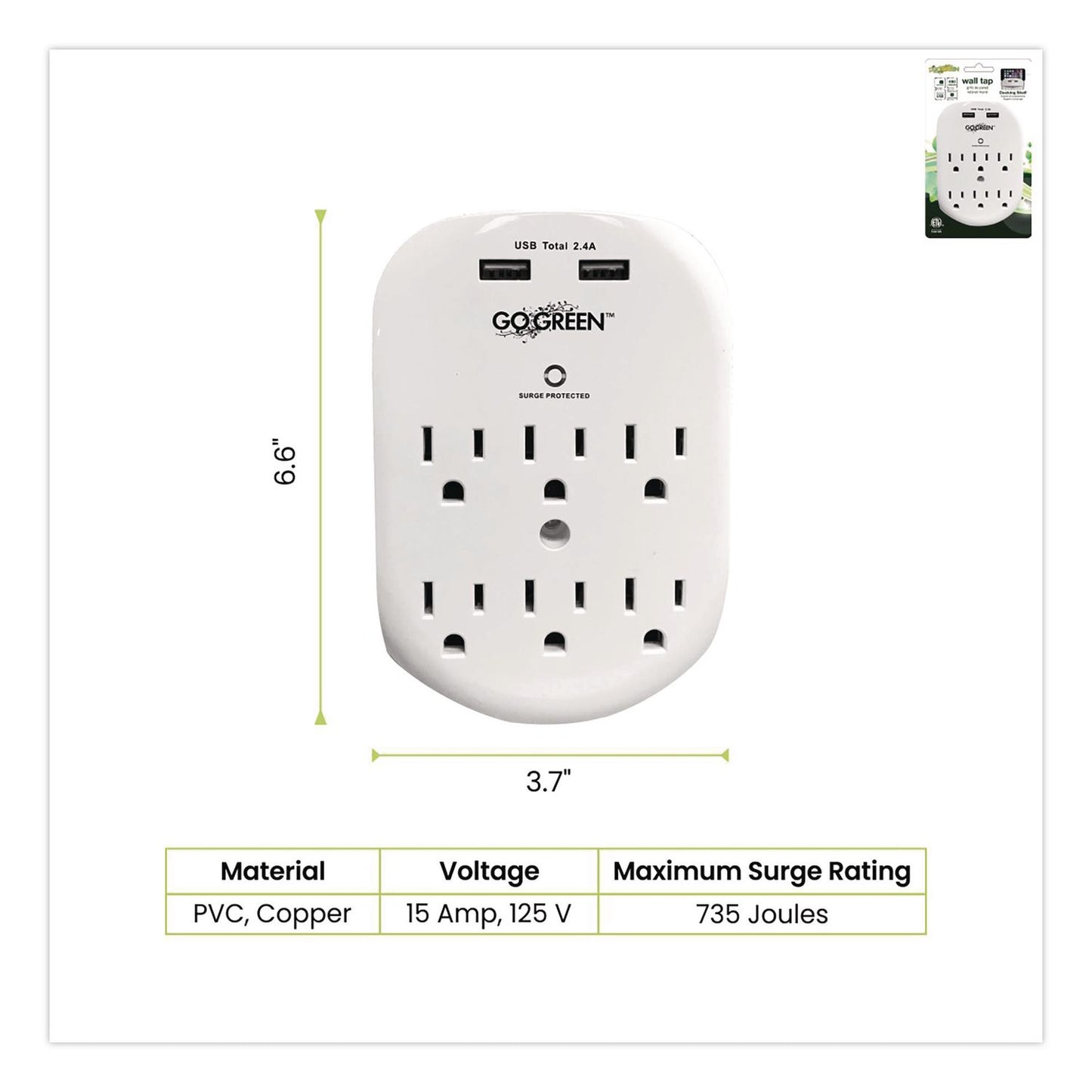 GoGreen Power 6 Outlet 4 USB Wall Tap, 735 J, White (GGPGG16000USB4)