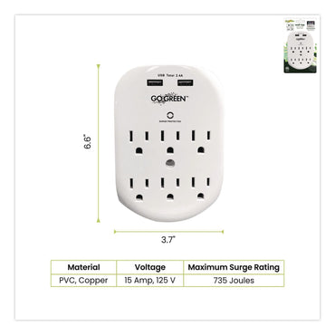 GoGreen Power 6 Outlet 4 USB Wall Tap, 735 J, White (GGPGG16000USB4)