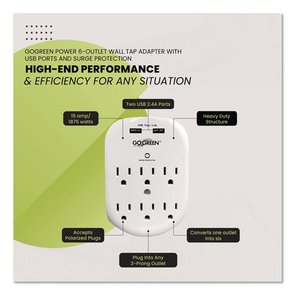 GoGreen Power 6 Outlet 4 USB Wall Tap, 735 J, White (GGPGG16000USB4)