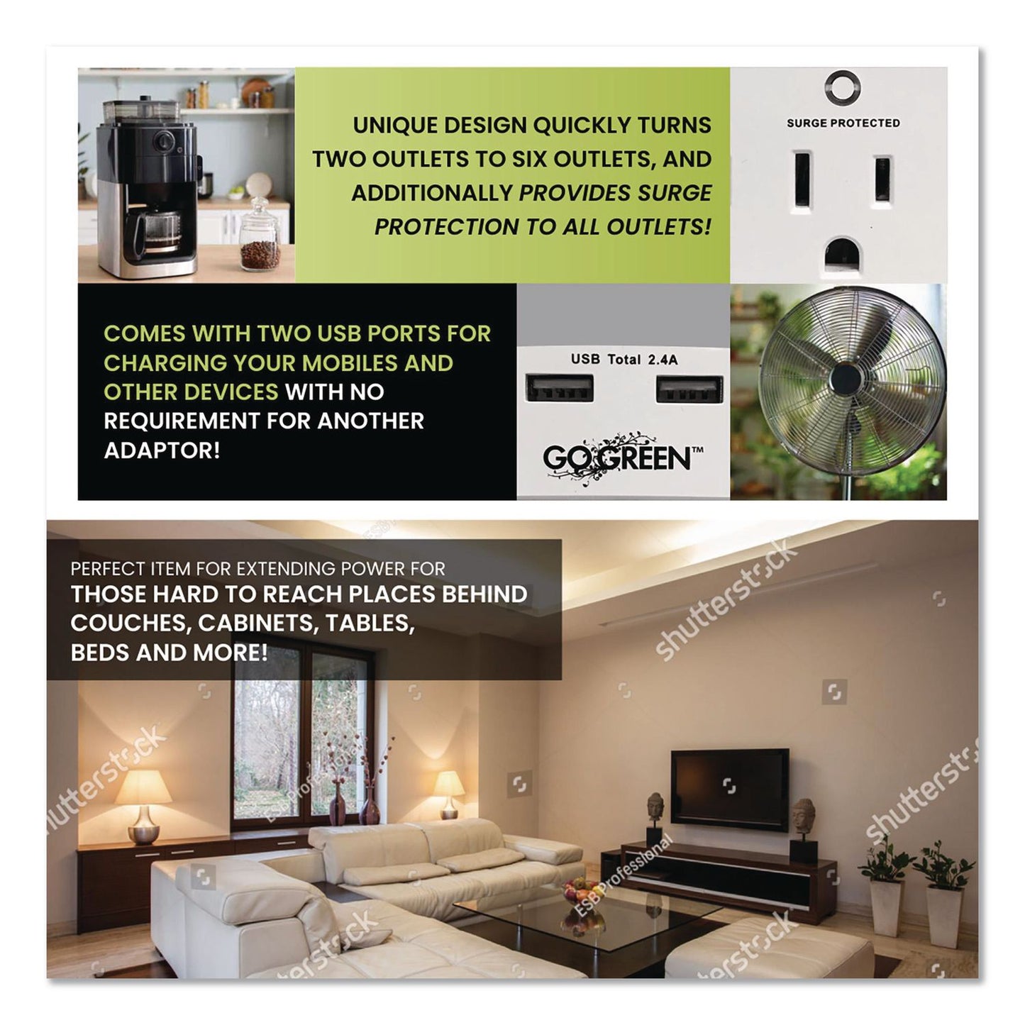 GoGreen Power 6 Outlet 4 USB Wall Tap, 735 J, White (GGPGG16000USB4)