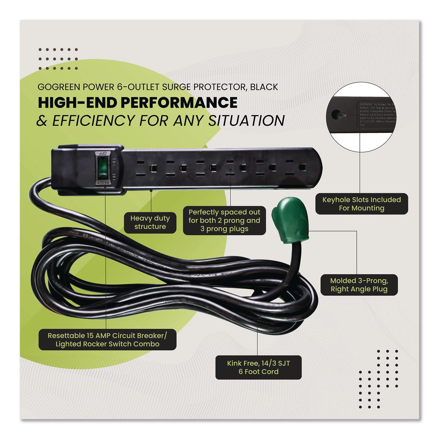 GoGreen Power 6 Outlet Surge Protector, 6 ft Cord, 250 J, Black (GGPGG16106MSBK)
