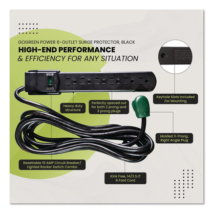 GoGreen Power 6 Outlet Surge Protector, 6 ft Cord, 250 J, Black (GGPGG16106MSBK)