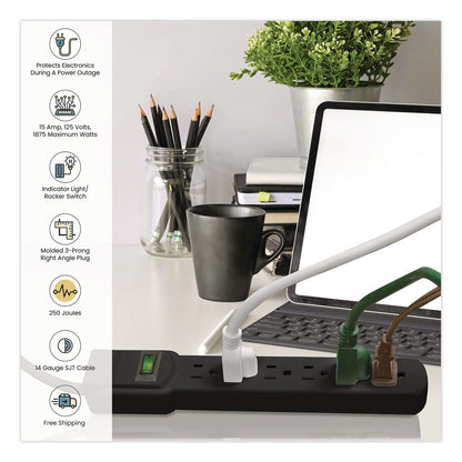 GoGreen Power 6 Outlet Surge Protector, 6 ft Cord, 250 J, Black (GGPGG16106MSBK)