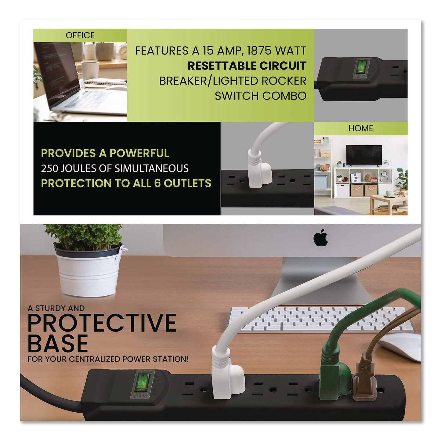 GoGreen Power 6 Outlet Surge Protector, 6 ft Cord, 250 J, Black (GGPGG16106MSBK)