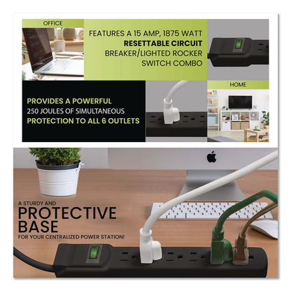 GoGreen Power 6 Outlet Surge Protector, 6 ft Cord, 250 J, Black (GGPGG16106MSBK)