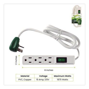 GoGreen Power 3 Outlet Power Strip, 2.5 ft Cord, White, 3/Pack (GGPGG13002MS3)