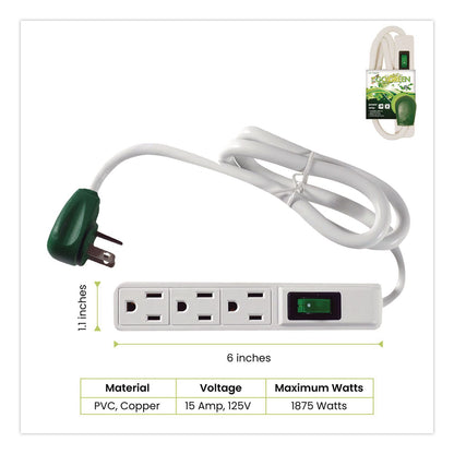 GoGreen Power 3 Outlet Power Strip, 2.5 ft Cord, White, 3/Pack (GGPGG13002MS3)
