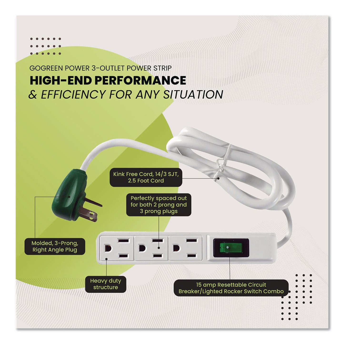 GoGreen Power 3 Outlet Power Strip, 2.5 ft Cord, White, 3/Pack (GGPGG13002MS3)