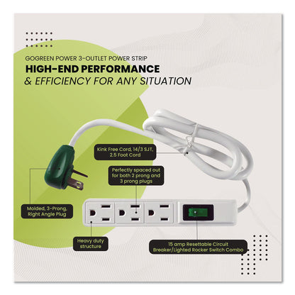 GoGreen Power 3 Outlet Power Strip, 2.5 ft Cord, White, 3/Pack (GGPGG13002MS3)