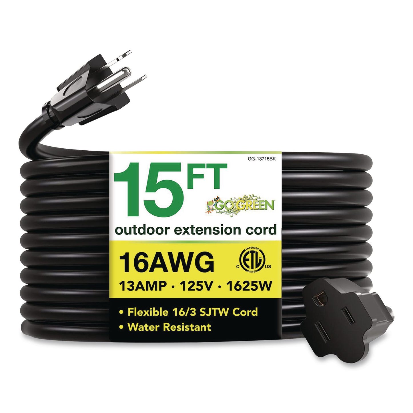 GoGreen Power 16 AWG Outdoor Extension Cord, 15 ft, 13 A, Black (GGPGG13715BK)