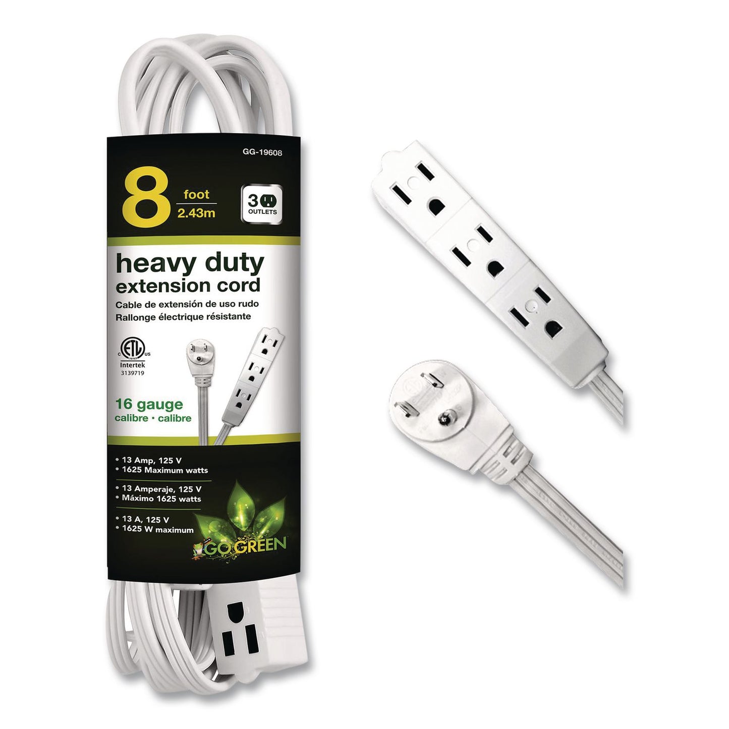 GoGreen Power 3 Outlet Indoor Extension Cord, 8 ft, 13 A, White (GGPGG19608)