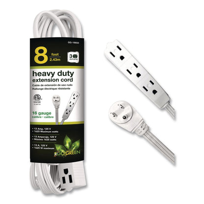 GoGreen Power 3 Outlet Indoor Extension Cord, 8 ft, 13 A, White (GGPGG19608)