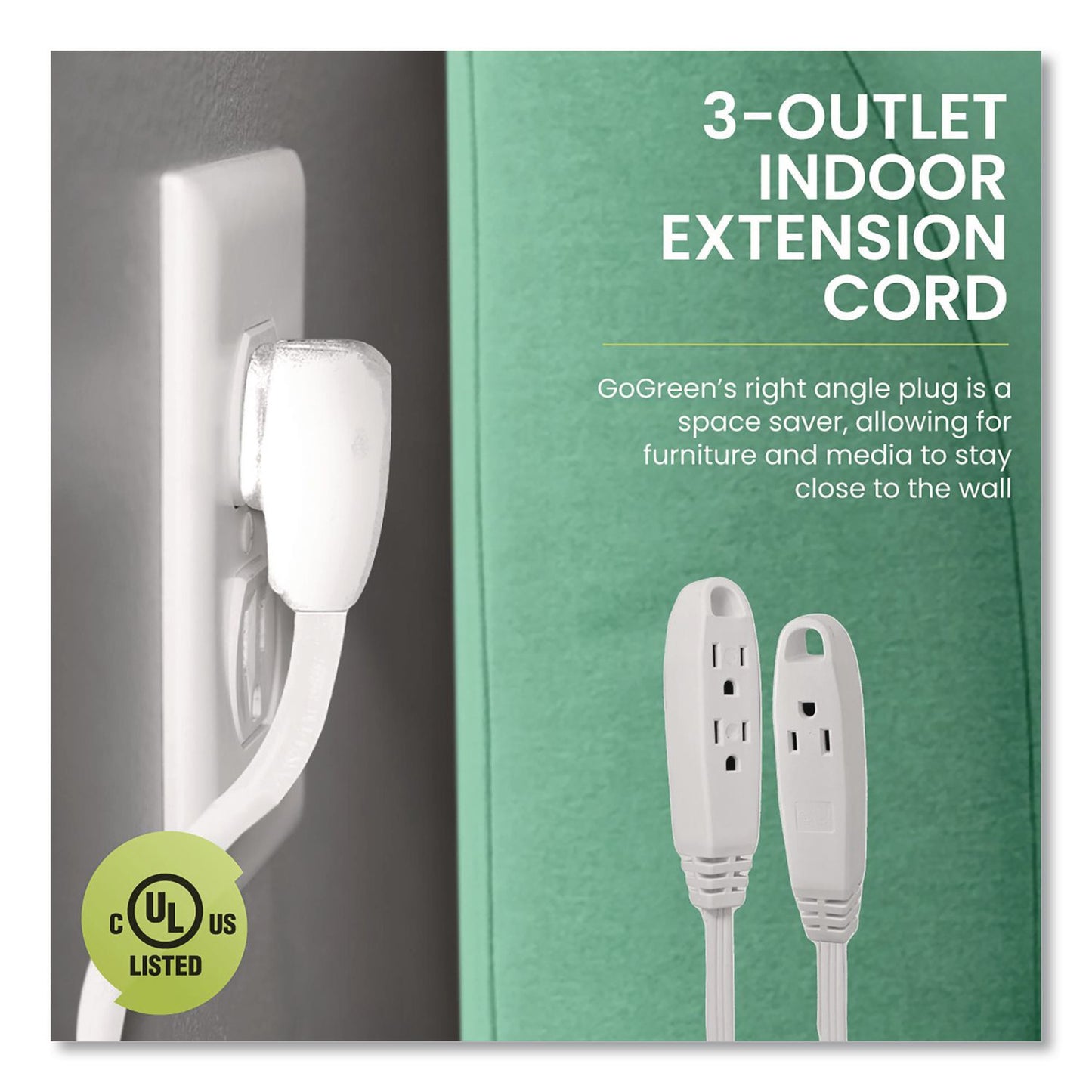GoGreen Power 3 Outlet Indoor Extension Cord, 8 ft, 13 A, White (GGPGG19608)