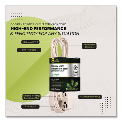 GoGreen Power 3 Outlet Indoor Extension Cord, 8 ft, 13 A, White (GGPGG19608)