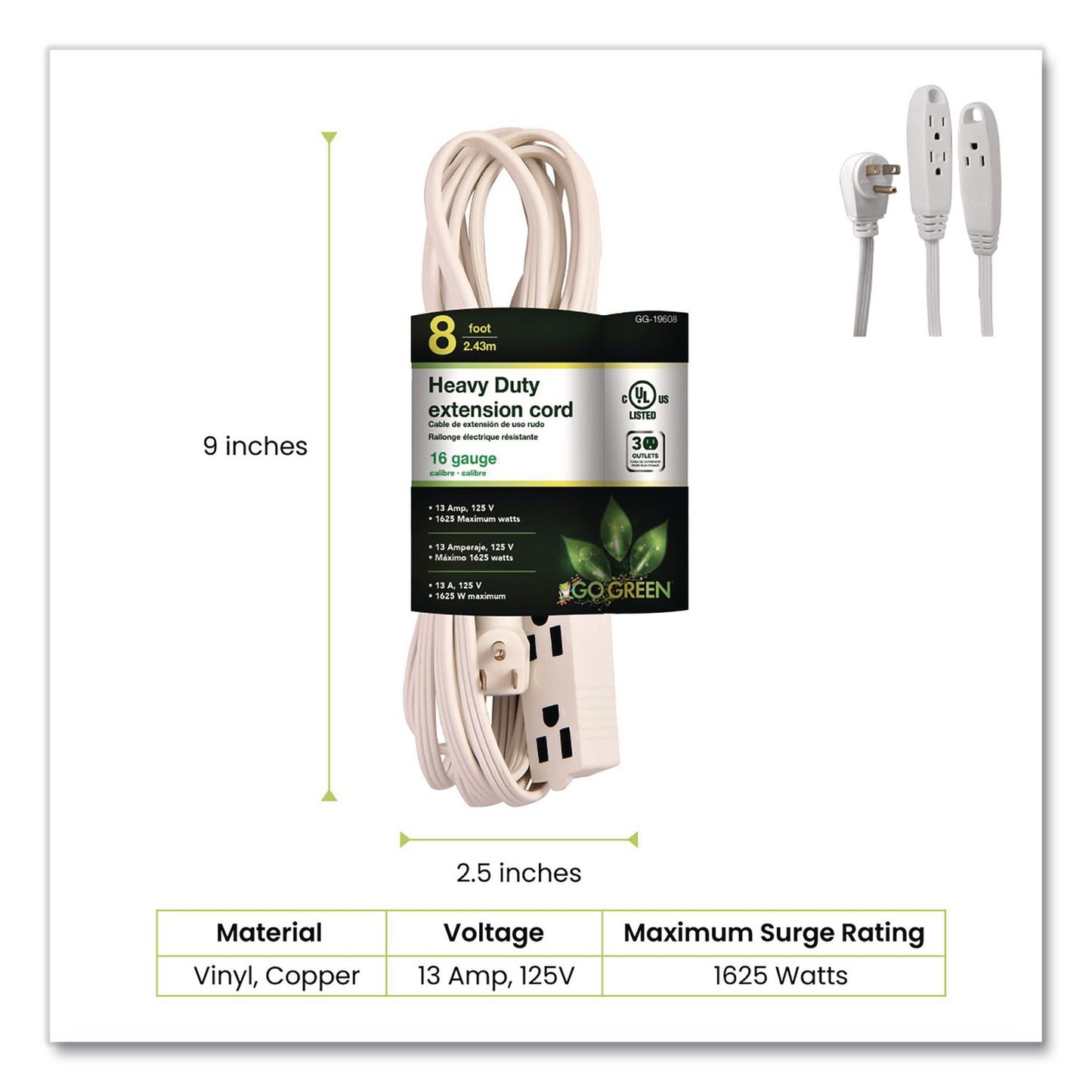 GoGreen Power 3 Outlet Indoor Extension Cord, 8 ft, 13 A, White (GGPGG19608)