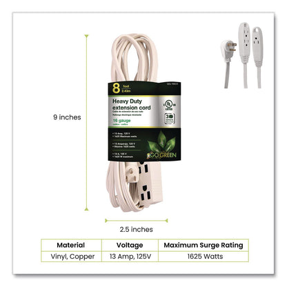 GoGreen Power 3 Outlet Indoor Extension Cord, 8 ft, 13 A, White (GGPGG19608)