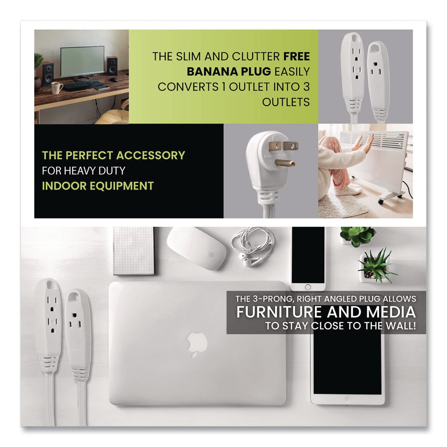 GoGreen Power 3 Outlet Indoor Extension Cord, 8 ft, 13 A, White (GGPGG19608)