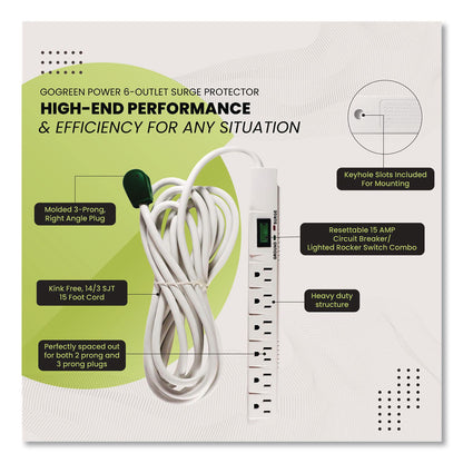 GoGreen Power 6 Outlet Surge Protector, 15 ft Cord, 1,200 J, White (GGPGG1631515)