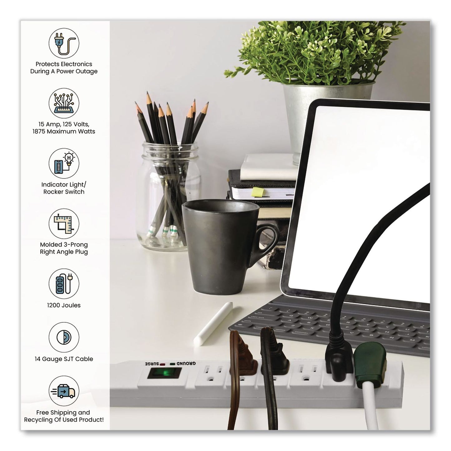 GoGreen Power 6 Outlet Surge Protector, 15 ft Cord, 1,200 J, White (GGPGG1631515)