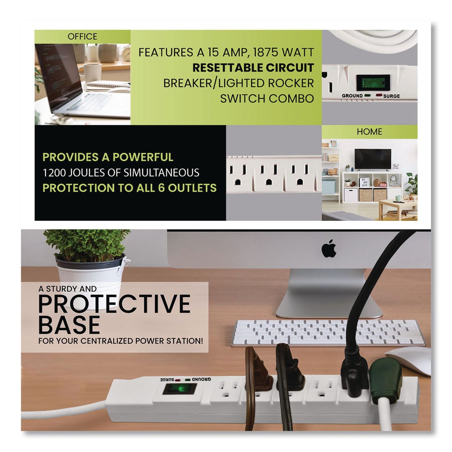GoGreen Power 6 Outlet Surge Protector, 15 ft Cord, 1,200 J, White (GGPGG1631515)