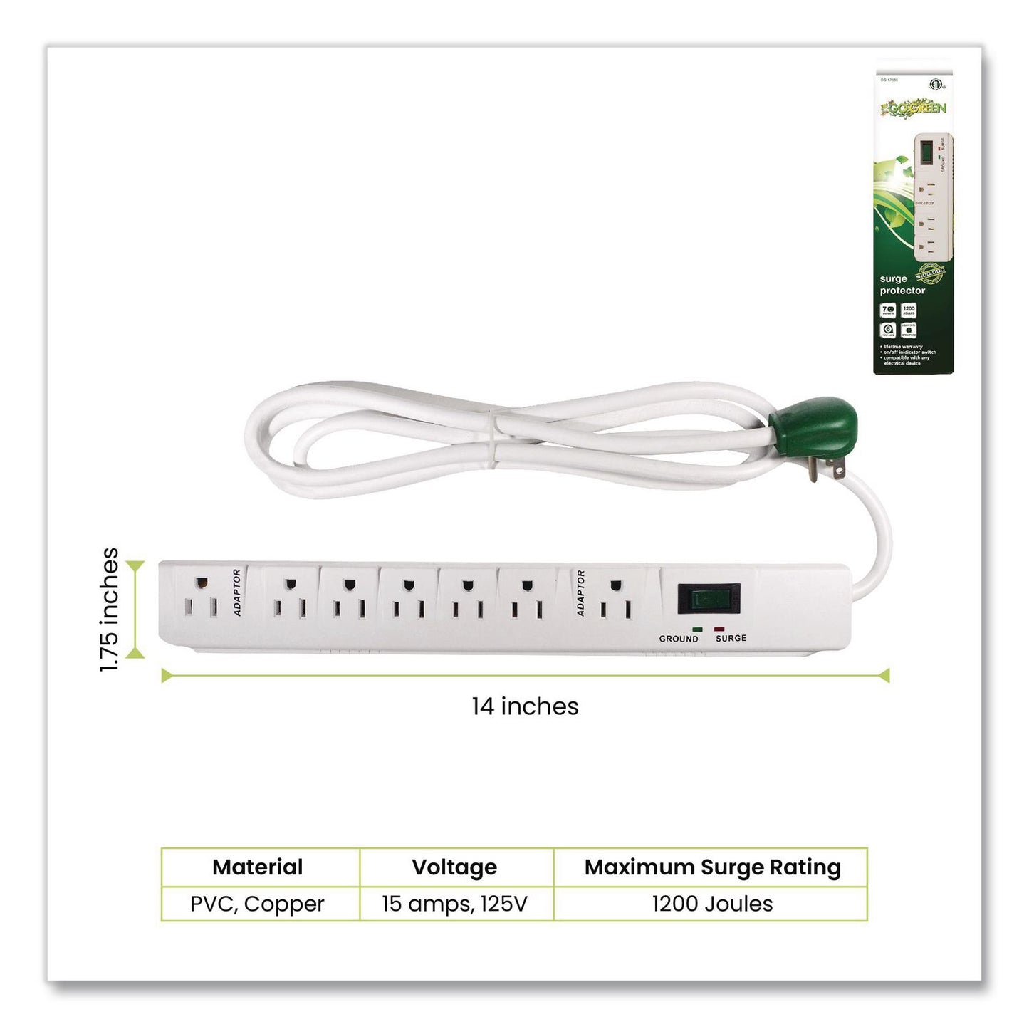 GoGreen Power 7 Outlet Surge Protector, 6 ft Cord, 1,200 J, White (GGPGG17636)