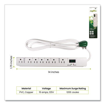 GoGreen Power 7 Outlet Surge Protector, 6 ft Cord, 1,200 J, White (GGPGG17636)