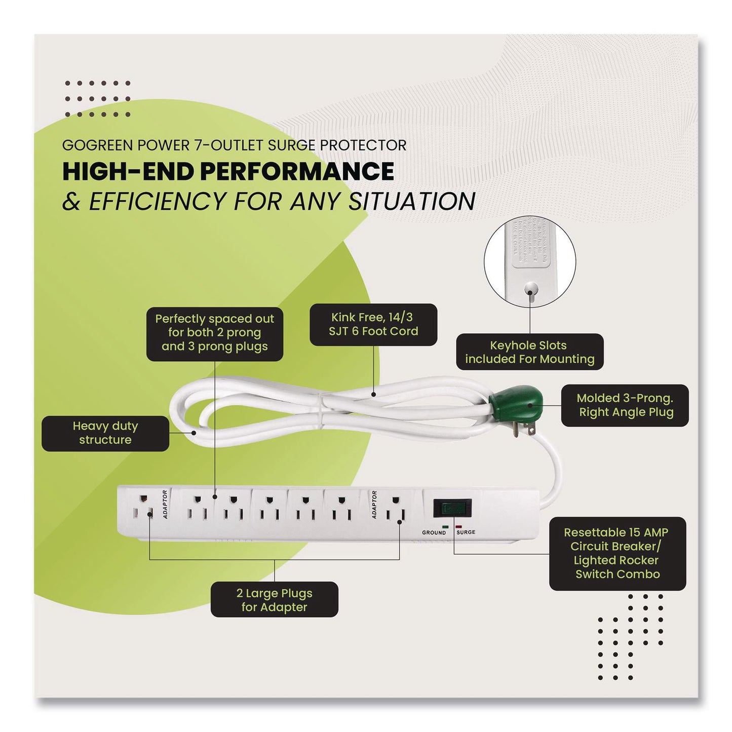 GoGreen Power 7 Outlet Surge Protector, 6 ft Cord, 1,200 J, White (GGPGG17636)