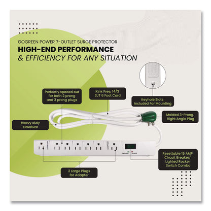 GoGreen Power 7 Outlet Surge Protector, 6 ft Cord, 1,200 J, White (GGPGG17636)