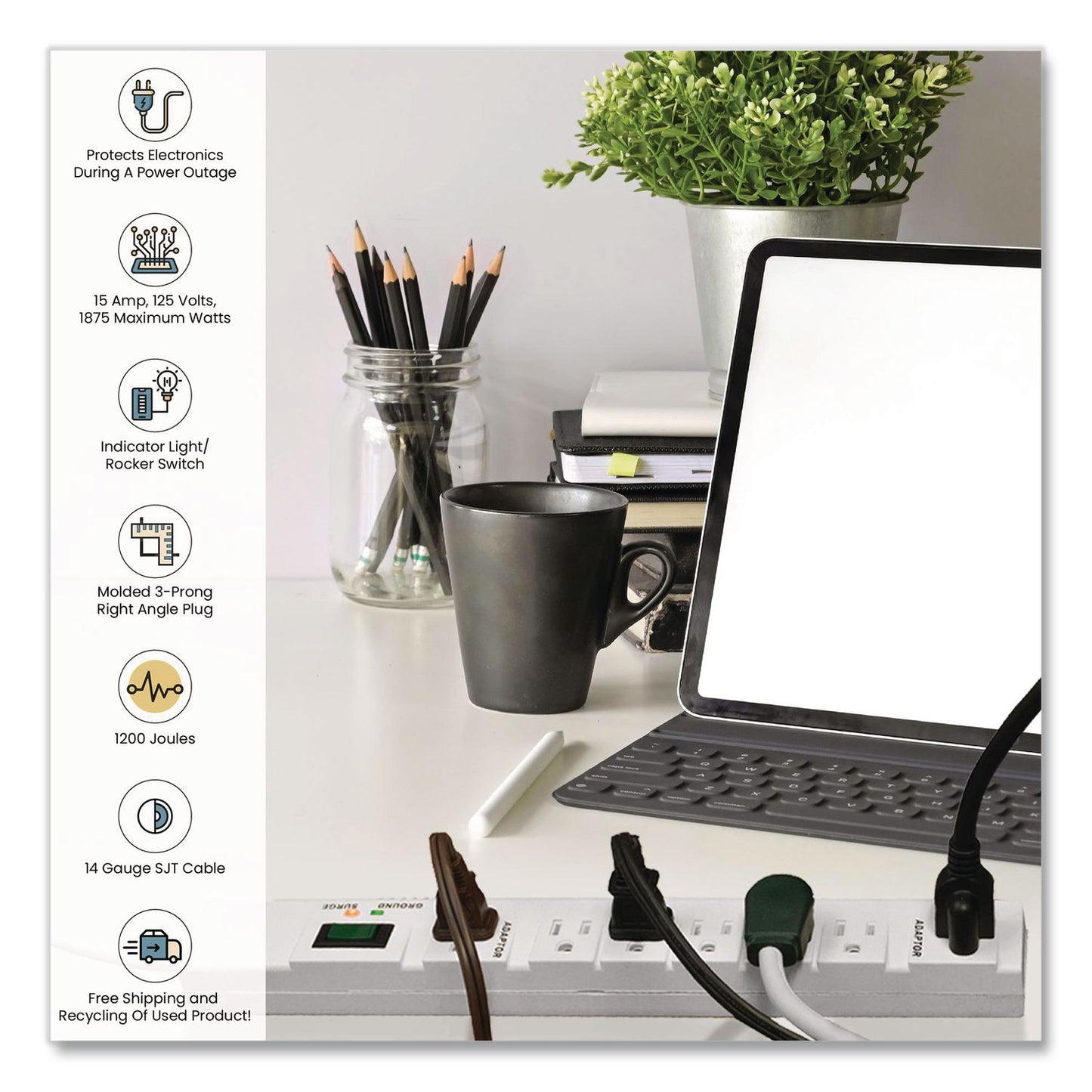 GoGreen Power 7 Outlet Surge Protector, 6 ft Cord, 1,200 J, White (GGPGG17636)